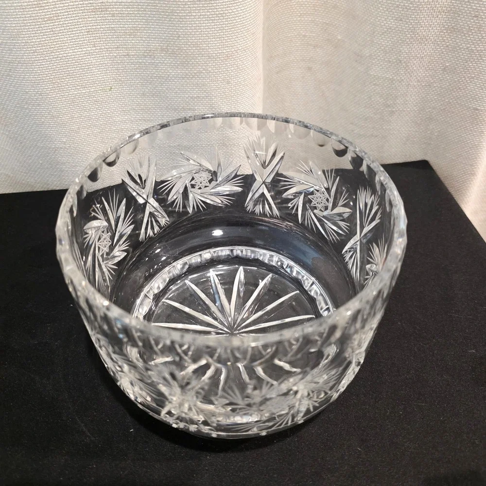 Vintage Pinwheel Cut Crystal Glass Serving Bowl Ice Bucket Scalloped Rim Heavy
